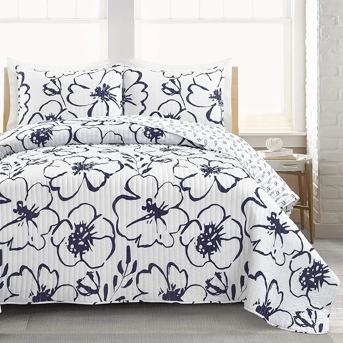 Secure Lush Decor Scandinavian Floral Quilt Queen Size Reversible 3 Piece Set Full Queen Navy amp White – Floral Bedding Set Queen Quilt – White Bedding Consistent