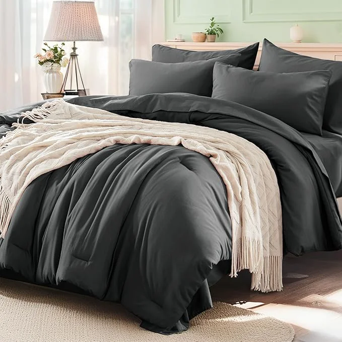 Environmentally Friendly Anluoer Dark Grey Full Comforter Set 7 Pieces Bed in a Bag with Sheets All Season Bedding Sets with 1 Comforter 2 Pillow Shams 2 Pillowcases 1 Flat Sheet 1 Fitted Sheet Fine