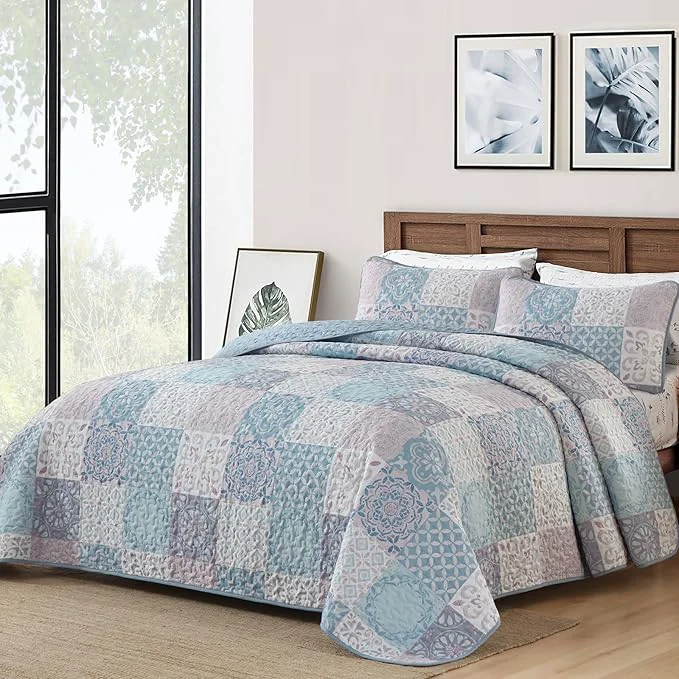 Reusable Dobuyly Quilt Set Queen Size Light Blue Pink Patchwork Bedspread 3 Pieces Boho Plaid Summer Coverlet Set Soft Lightweight Quilt Bedding Set for All Seasons 96 quot x90 quot Trusted