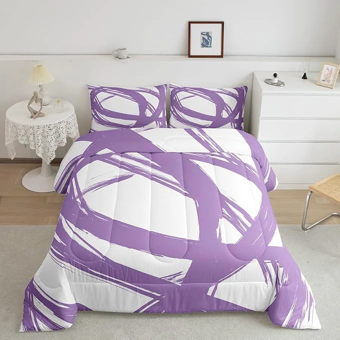 Advanced Purple and White Striped Bedding Set Full Size for Adults Youth Teens Contemporary Boho Modern Art Comforter Set Graffiti Stripes Lines Quilt Aesthetic Geometric Duvet Insert for Minimalists Easy-to-Use