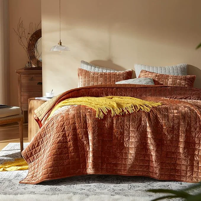 Exceptional LEAONME Velvet Quilt King Size-98 39 39 x106 39 39 Lightweight Burnt Orange Velvet Comforter Set with 2 Pillow Shams Soft Bedspread Coverlet Quilted Bedding Set for All Season Sustainable