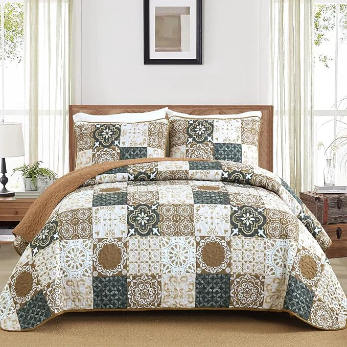 Artisan Dobuyly Brown Quilt Set Full Size Boho Plaid Patchwork Bedspreads Coverlet Set 3 Pieces Soft Lightweight Microfiber Fall Quilt Bedding Set for All Seasons 78 quot x90 quot Verified