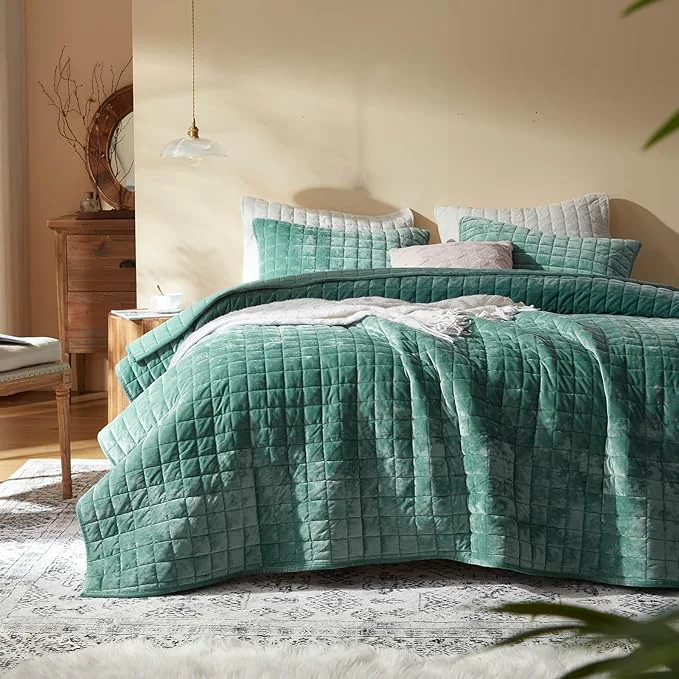 Sustainable LEAONME Velvet Quilt Full Queen Size-90 39 39 x98 39 39 Lightweight Aqua Green Velvet Comforter Set with 2 Pillow Shams Soft Bedspread Coverlet Quilted Bedding Set for All Season