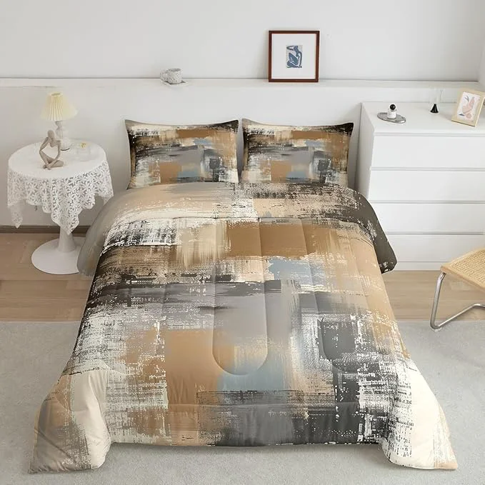 Secure Erosebridal Graffiti Grunge Comforter Set Brown Grey Tie Dyed Bedding Sets for Women Men Hand Painted Watercolor Duvet Insert Lightweight Ombre Oil Painting Down Comforter with 1 Pillowcase Warm Twin Fine Crafted