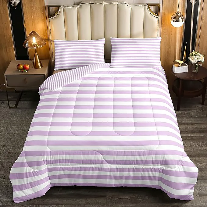 Exclusive Girl Purple Striped Comforter Set Full White Farmhouse Ticking Stripes Down Comforter For Women Horizontal Stripes Geometric Lines Reversible Lightweight Duvet Set For Room Decor Soft Bedding Set Outstanding