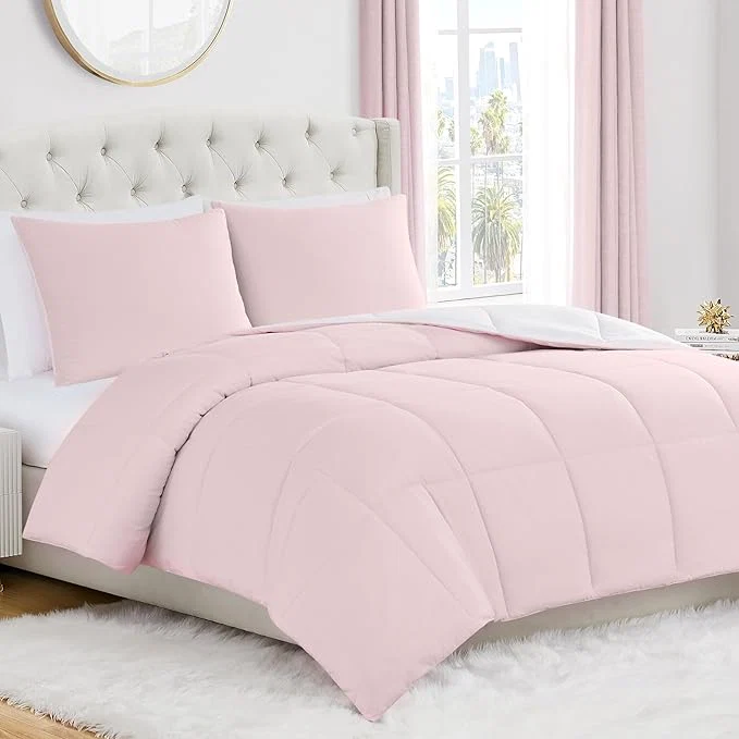 Modern Juicy Couture Reversible Box Stitch Comforter Set 3-Piece Full Queen – Pink Marshmallow White– Glam Bedding Set Natural
