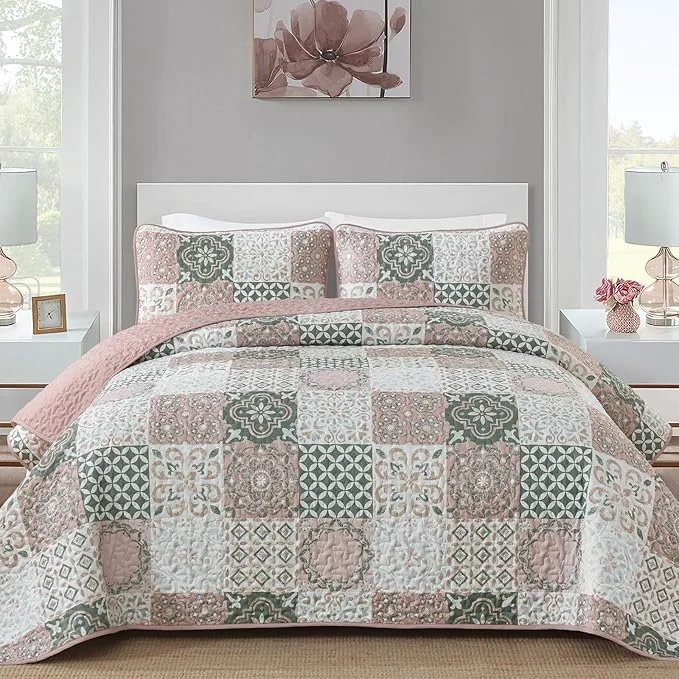 Organic Dobuyly Blush Quilt Set King Size Boho Patchwork Plaid Bedspread Coverlet Set 3 Pieces Soft Microfiber Farmhouse Quilt Bedding Set Lightweight Bed Cover for All Seasons 110 quot x90 quot Original Design