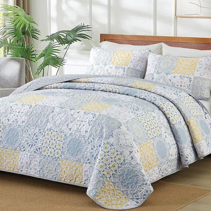 Modern Dobuyly Queen Quilt Set 3 Pieces Blue Yellow Grey Patchwork Bedspreads Boho Summer Coverlet Set Soft Lightweight Microfiber Bedding Set for All Seasons 96 quot x90 quot Recyclable