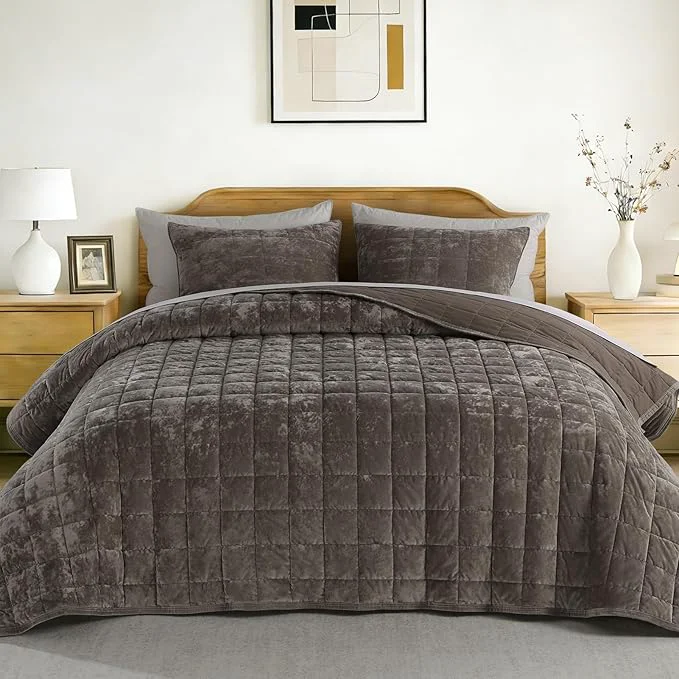 Official Oversized King Greek Velvet Quilt Set 3× Softer Luxe Sheen Cotton Backing 150GSM Down- Fill Extra-Wide 112×106 quot Hotel-Style Luxury Coverage 1 Quilt 2 Pillow Shams Fossil Innovative
