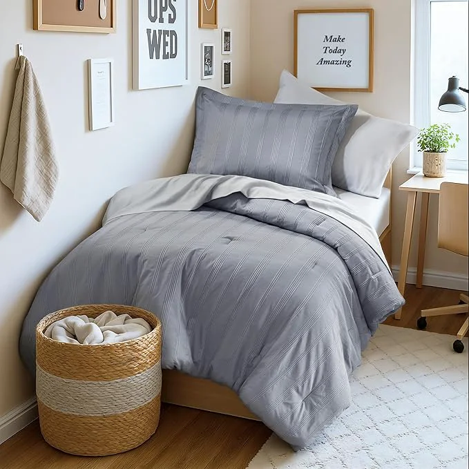 Excellent Madison Park Essentials Striped Comforter Set Twin 5 Pieces Modern Minimalist Jacquard Bedding Set for All Season Bed in A Bag with Sheet Set and Soft Brushed Reverse Lightweight Blue Grey Luxury