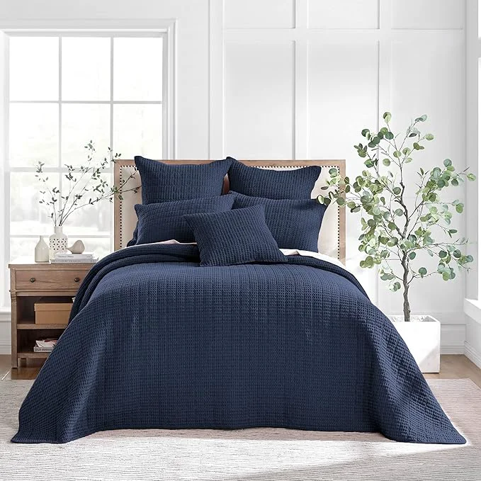 Reusable Levtex Home Mills Waffle Full Bedspread Set 100x104in with 2 Pillow Shams 26x20in – Navy – Cotton Full Size Bedspread Set – Lightweight Soft Pre-Washed Proven