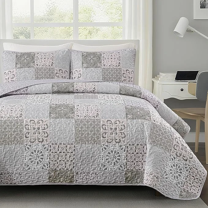 Reliable Dobuyly Queen Size Quilt Set Boho Grey Beige Plaid Patchwork Bedspreads Coverlet Set 3 Pieces Reversible Lightweight Microfiber Neutral Quilt Bedding Set for All Seasons 96 quot x90 quot Flexible