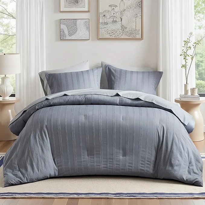 Solid Madison Park Essentials Striped Comforter Set Cal King 7 Pieces Modern Minimalist Jacquard Bedding Set for All Season Bed in A Bag with Sheet Set and Soft Brushed Reverse Lightweight Blue Grey Specialty