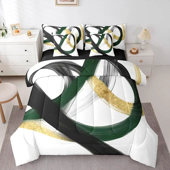 Elegant Erosebridal Abstract Black Gold 7 Piece Comforter Set Twin Geometric Green Minimalist Lines Bedding Set Modern Ink Painting Stripes Quilt Simple Aesthetic Fashion Neutral Sheet Set for Men Excellent