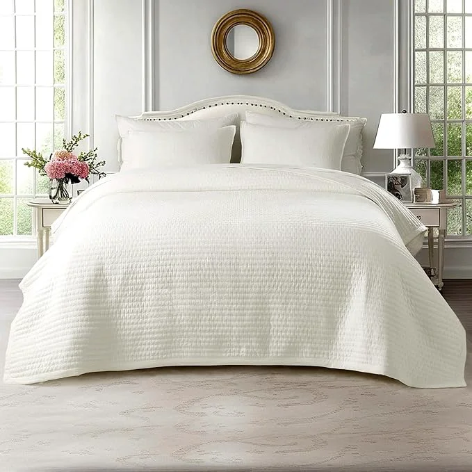 Genuine KASENTEX King XL Quilt Set 108 quot x98 quot – Soft Washed 3-Layer Lightweight Bedspread Minimalist Nordic Design All-Season Spring amp Summer Quilt Set 1 Quilt 2 Pillow Shams Cream White Original