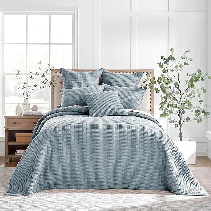 Professional Levtex Home Mills Waffle Full Bedspread Set 100x104in with 2 Pillow Shams 26x20in – Chambray – Cotton Waffle Full Size Bedspread Set – Lightweight Soft Pre-Washed Consistent