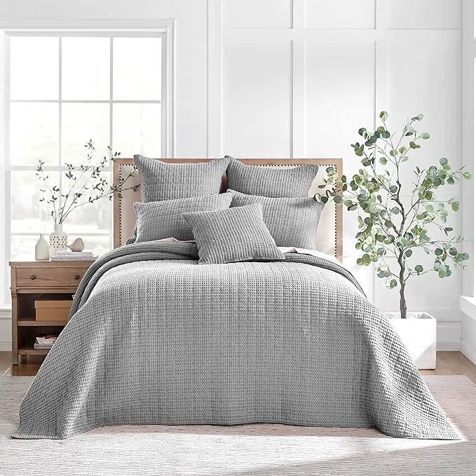 Specialty Levtex Home Mills Waffle Twin Bedspread Set 84x104in with 1 Pillow Sham 26x20in – Grey – Cotton Waffle Twin Size Bedspread Set – Lightweight Soft Pre-Washed Fast