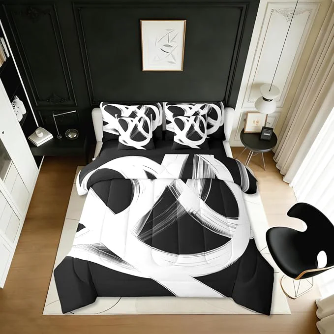 Solid Erosebridal Abstract Modern 7 Piece Comforter Set Queen Bed in A Bag Black White Lines Geometric Bedding Set Minimalist Contemporary Stripes Sheet Set Ink Painting Simple Aesthetic Neutral Quilt