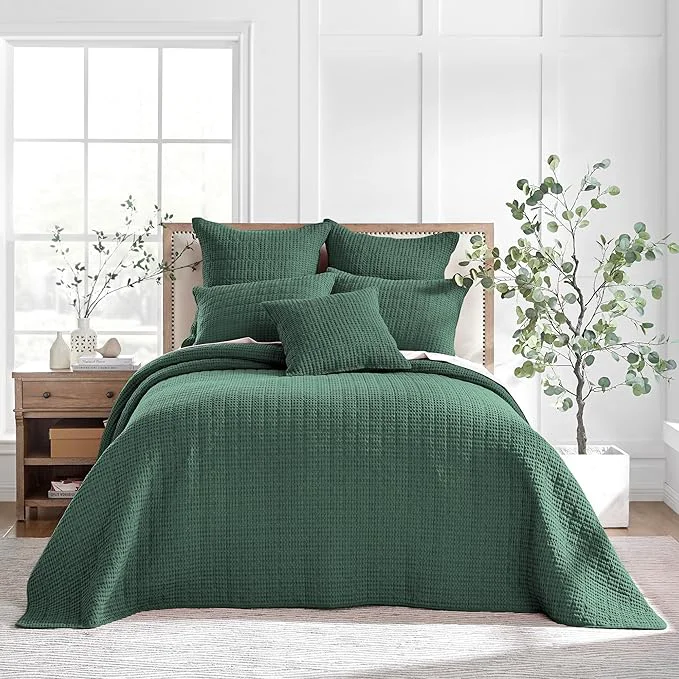 Fashionable Levtex Home Mills Waffle Queen Bedspread Set 104x106in with 2 Pillow Shams 26x20in – Forest Green – Cotton Queen Size Bedspread Set – Lightweight Soft Pre-Washed Luxury
