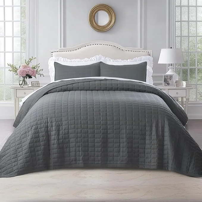 Casual KASENTEX Oversized Queen Quilt Set 102 quot x106 quot – Soft Washed 3-Layer Lightweight Bedspread Minimalist Nordic Design All-Season Spring amp Summer Quilt Set 1 Quilt 2 Pillow Shams Dark Grey Breathable