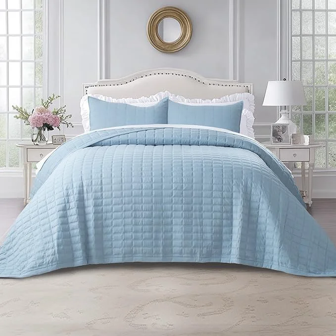 Fashionable KASENTEX King XL Quilt Set 108 quot x98 quot – Soft Washed 3-Layer Lightweight Bedspread Minimalist Nordic Design All-Season Spring amp Summer Quilt Set 1 Quilt 2 Pillow Shams Grey Blue Artisan