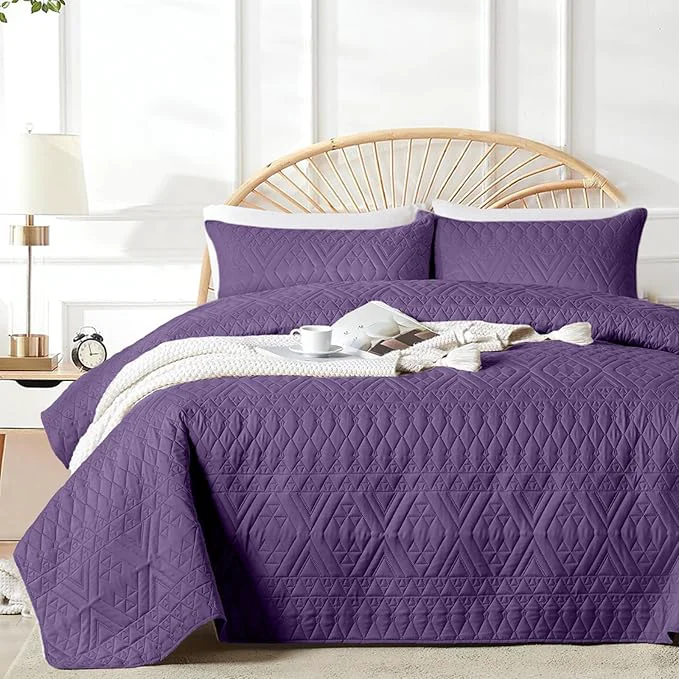Elite akkialla Twin Quilt Set Dark Purple Lightweight Microfiber Bedspread Coverlet Boho Geometric Pattern Soft All-Season Bedding 2-Piece 1 Quilt 1 Pillow Sham Breathable fabric Modern style Crafted