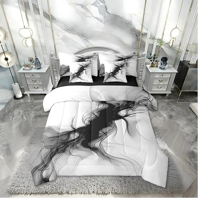 Eco-Friendly Erosebridal Black and White 7 Piece Comforter Set Twin Abstract Bedroom Decor for Men Teens Modern Ombre Grey Marble Bedding Set Elegant Ink Texture Neutral Sheet Set Marbling Minimalist Art Quilt Verified