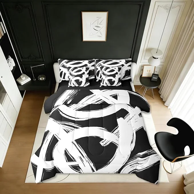 Genuine Erosebridal White Black Abstract 7 Piece Comforter Set Queen Geometric Simple Sketch Bedding Set Modern Graffiti Minimalist Line Comforter Cool Unique Fashion Sheet Set Contemporary Room Decor Effective