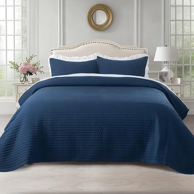 Functional KASENTEX Oversized Queen Quilt Set 102 quot x106 quot – Soft Washed 3-Layer Lightweight Bedspread Minimalist Nordic Design All-Season Spring amp Summer Quilt Set 1 Quilt 2 Pillow Shams Dress Dark Blue Artisan