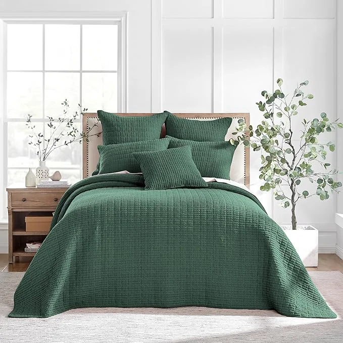 Elegant Levtex Home Mills Waffle Twin Bedspread Set 84x104in with 1 Pillow Sham 26x20in – Forest Green – Cotton Twin Size Bedspread Set – Lightweight Soft Pre-Washed Modern