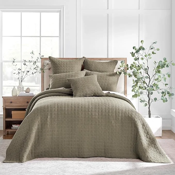 Top-Quality Levtex Home Mills Waffle King Bedspread Set 122x106in with 2 Pillow Shams 36x20in – Taupe – Cotton Waffle King Size Bedspread Set – Soft Pre-Washed Modern