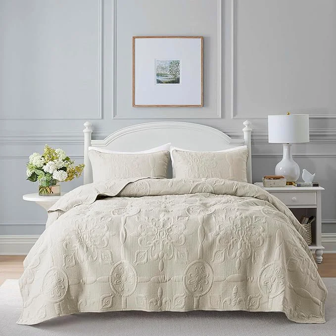 Quality Light Beige Damask Quilt California Cal King Size Bedding Sets with 2 Pillow Shams Oversized Boho Bedspread Lightweight Soft Farmhouse Vintage Coverlet Jacquard Bed Cover for All Season 3 Pieces Clean