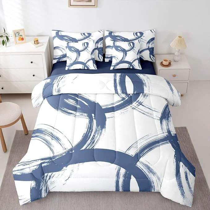 Selected Erosebridal Blue and White 7 Piece Comforter Set Queen Abstract Line Ink Painting Bedding Set for Kids Boys Girls Simple Minimalist Graffiti Art Modern Geometric Sheet Set Boho Cool Unique Mens Quilt Stylish