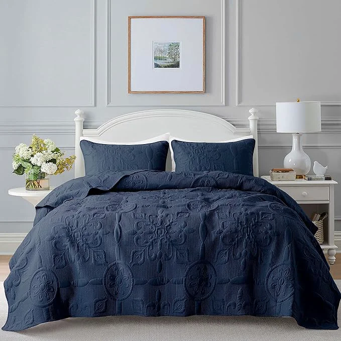 Detailed B2EVER Boho Quilt California King Size Bedding Set with Pillow Shams Navy Blue Quilted Blanket Thin Comforter Bed Cover 3 Pieces 118×106 inches Effective