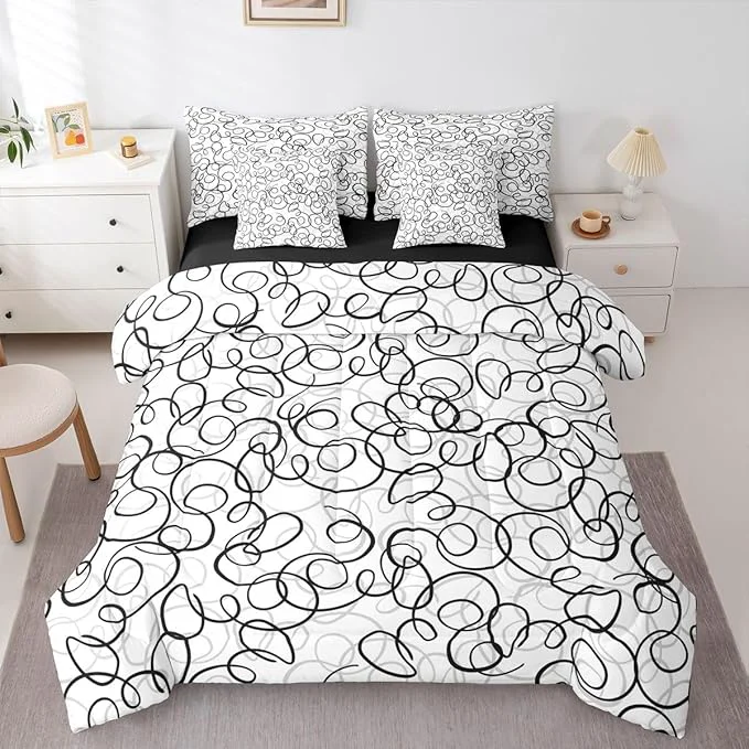 Premium Material Erosebridal Geometric 7 Piece Comforter Set Full Bed in A Bag Black Gray White Abstract Swirls Bedding Set for Boys Girls Modern Abstract Texture Bedroom Decor Contemporary Lines Aesthetic Sheet Set Minimalist