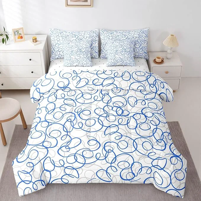 Authentic Erosebridal Blue White Geometric 7 Piece Comforter Set Twin Abstract Line Modern Art Bedding Set for Kids Teens Boys Chic Swirls Bed in A Bag Texture Artwork Sheet Set Bedroom Decor High-Performance