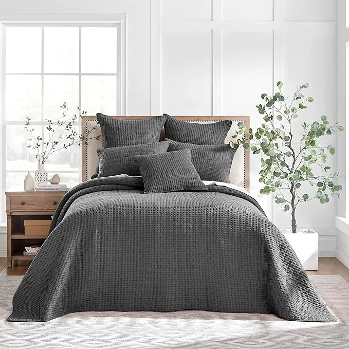 Easy-to-Use Levtex Home Mills Waffle Full Bedspread Set 100x104in with 2 Pillow Shams 26x20in – Charcoal – Cotton Full Size Bedspread Set – Lightweight Soft Pre-Washed Healthy