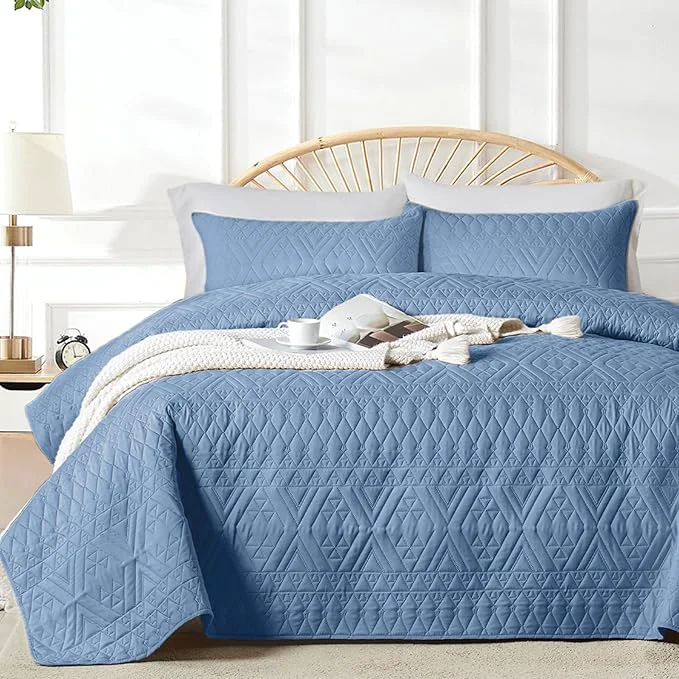 Secure Akkialla King Cal King Quilt Set Boho Style in a Solid Color Bluish Grey Lightweight Microfiber Bedspread Soft and Breathable Coverlet for All Seasons 3-Piece Bedding Set 1 Quilt 2 Pillow Shams