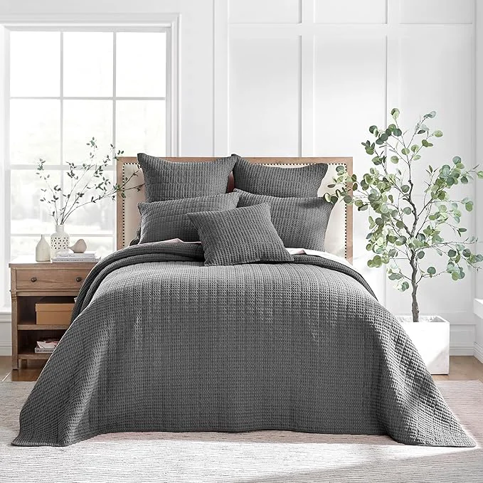 Innovative Levtex Home Mills Waffle Queen Bedspread Set 104x106in with 2 Pillow Shams 26x20in – Charcoal – Cotton Queen Size Bedspread Set – Lightweight Soft Pre-Washed Classic