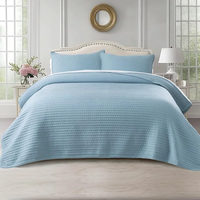 Superior KASENTEX Queen XL Quilt Set 98 quot x98 quot – Soft Washed 3-Layer Lightweight Bedspread Minimalist Nordic Design All-Season Spring amp Summer Quilt Set 1 Quilt 2 Pillow Shams Blue Professional