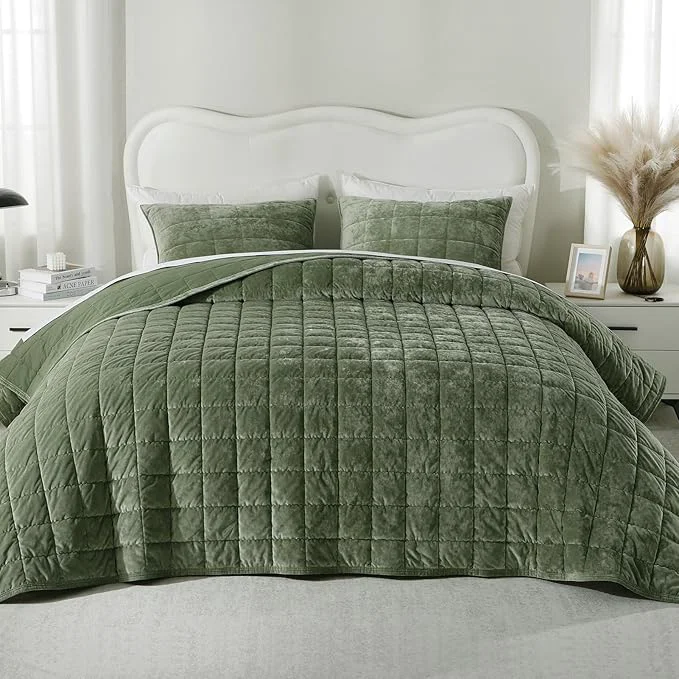 Reliable KASENTEX Greek Velvet Queen Quilt Set 3× Softer Luxe Sheen Cotton Backing 150GSM Down- Fill Expanded 98×98 quot Coverage for Fuller Side Drape 1 Quilt 2 Pillow Shams Loden Green Superior
