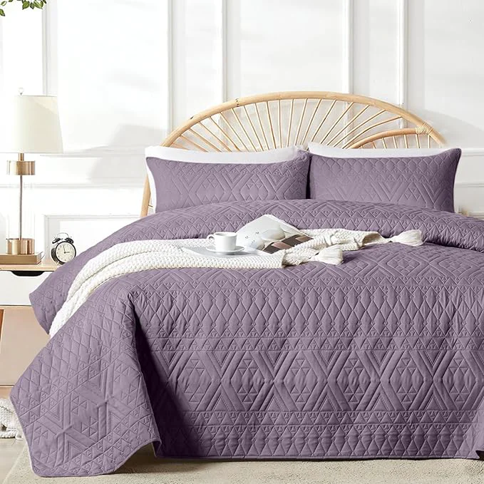 Outstanding akkialla King Cal King Quilt Set Grayish Purple Lightweight Microfiber Bedspread Coverlet Boho Geometric Pattern Soft All-Season Bedding 3-Piece 1 Quilt 2 Pillow Shams Breathable fabric Modern style Easy care Casual