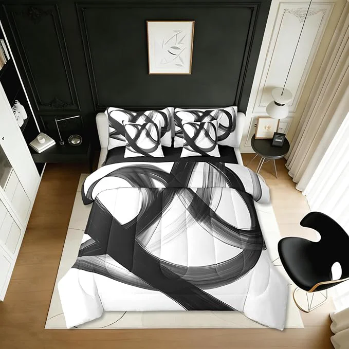 Eco-Friendly Erosebridal Abstract Modern Black White 7 Piece Comforter Set Queen Bed in A Bag Neutral Minimalist Lines Bedding Set for Boys Men Geometric Sheet Set Contemporary Art Simple Quilt Room Decor Specialty