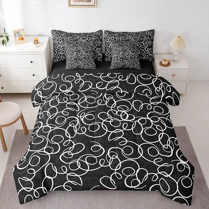 Stylish Erosebridal Black White Geometric 7 Piece Comforter Set Queen Abstract Line Modern Art Bedding Set for Kids Teens Boys Chic Swirls Bed in A Bag Texture Artwork Sheet Set Bedroom Decor Organic