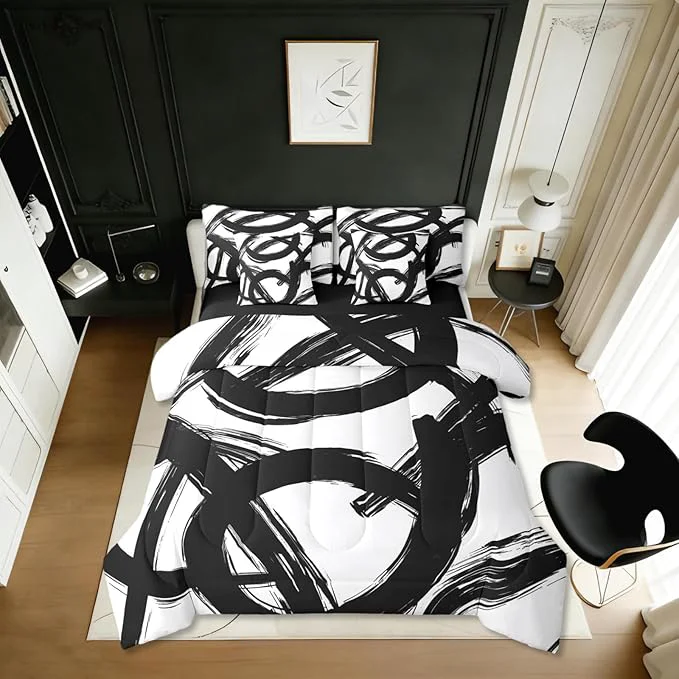 Trusted Erosebridal Black White Abstract 7 Piece Comforter Set King Bed in A Bag Modern Graffiti Minimalist Line Bedding Set Simple Sketch Cool Unique Geometric Sheet Set Ink Painting Aesthetic Quilt Professional