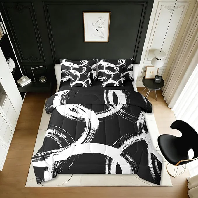 Reusable Erosebridal White and Black 7 Pcs Comforter Set Full Abstract Line Minimalist Ink Painting Bedding Set for Kids Boys Girls Simple Graffiti Art Modern Geometric Sheet Set Boho Cool Unique Mens Quilt Official