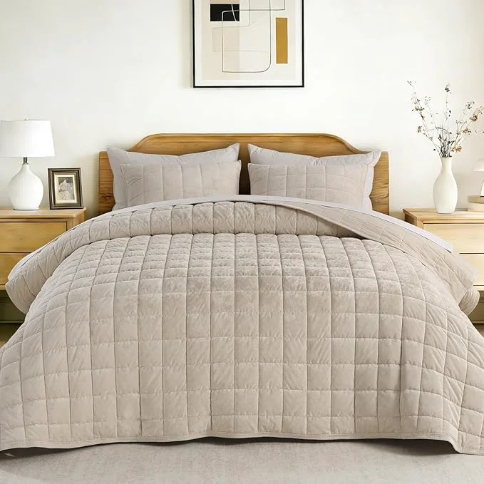 Breathable KASENTEX Greek Velvet Twin Quilt Set 3× Softer Luxe Sheen Cotton Backing 150GSM Down- Fill Expanded 68×90 quot Coverage for Fuller Side Drape 1 Quilt 1 Pillow Shams Sandshell Reliable