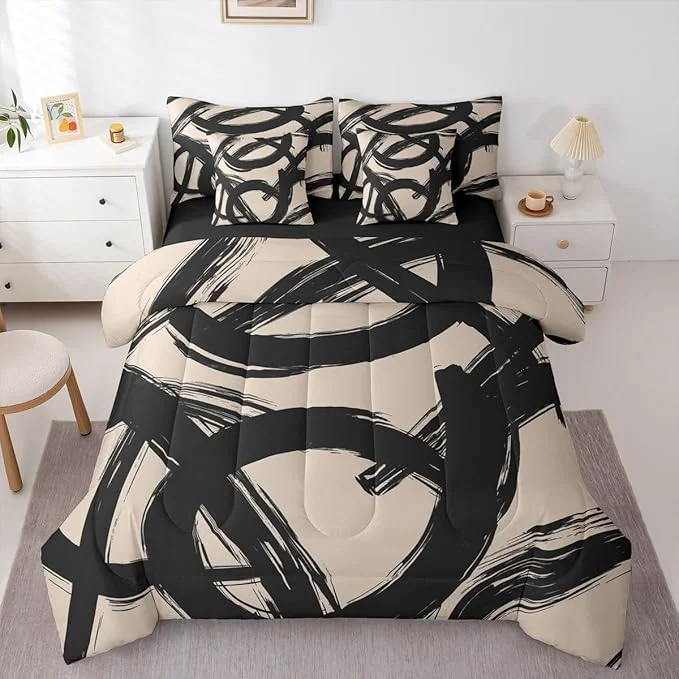 Superior Erosebridal Black Beige Abstract 7 Piece Comforter Set King Bed in A Bag Modern Graffiti Minimalist Line Bedding Set Simple Cool Unique Geometric Sketch Sheet Set Ink Painting Aesthetic Quilt Elegant