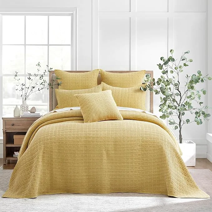 Official Levtex Home Mills Waffle Full Bedspread Set 100x104in with 2 Pillow Shams 26x20in – Ochre – Cotton Waffle Full Size Bedspread Set – Lightweight Soft Pre-Washed Functional
