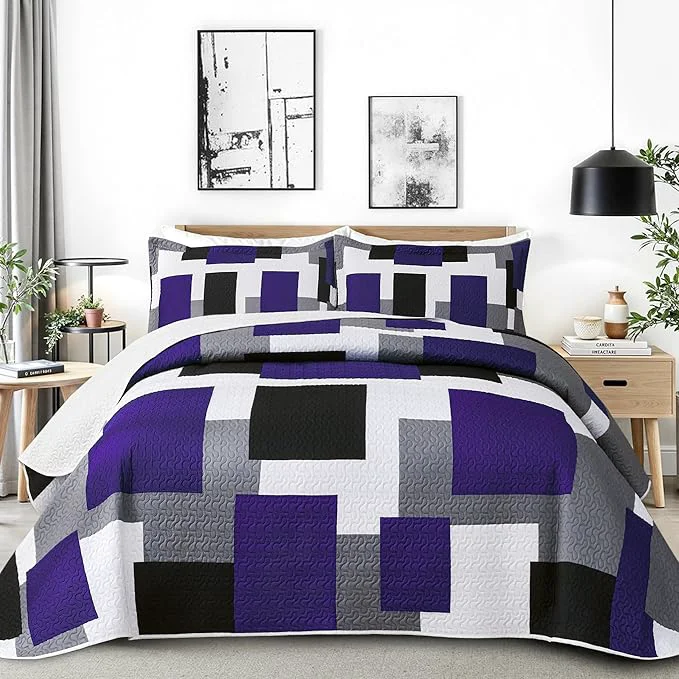 Premium 3 Piece Dark Purple Grey Quilt Set King Size Black White Geometric Reversible Bedding Set Microfiber Lightweight Bedspread Coverlet with 2 Shams Modern Bed Covers for All Season 106 39 39 x96 39 39 Exceptional